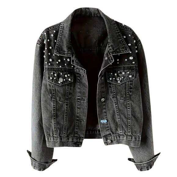Pearl Embellished Black Washed Denim Jacket Studded Jean Jacket Coquette Style - Picture 1 of 10